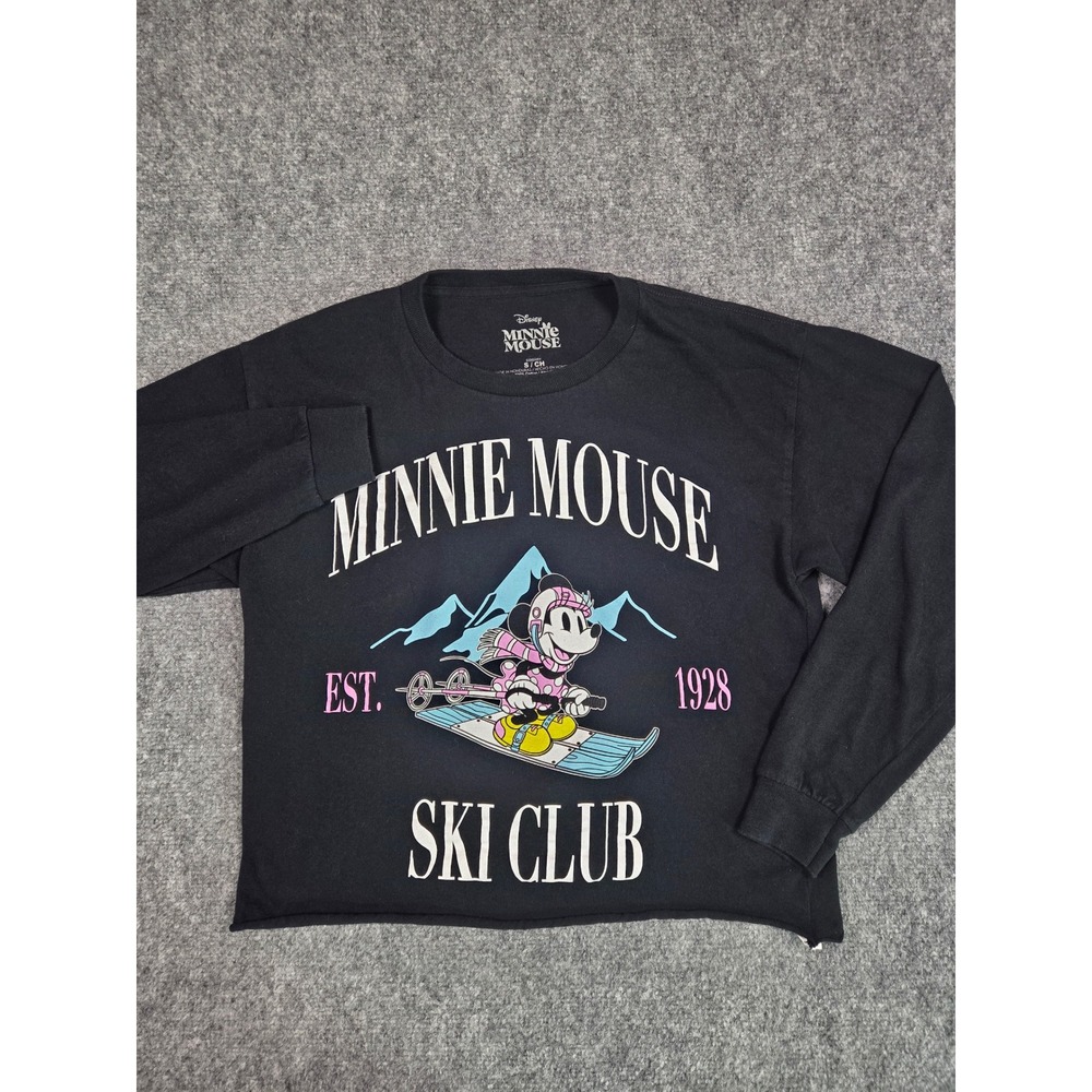 Disney Minnie Mouse Ski Club Long Sleeve Shirt Small Black Cropped Graphic Tee